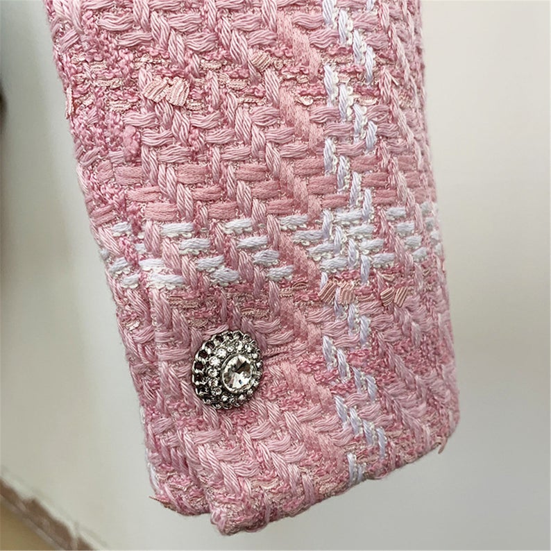Women's Jewellery Buttons Tweed Pink Crop Blazer + Skirt
