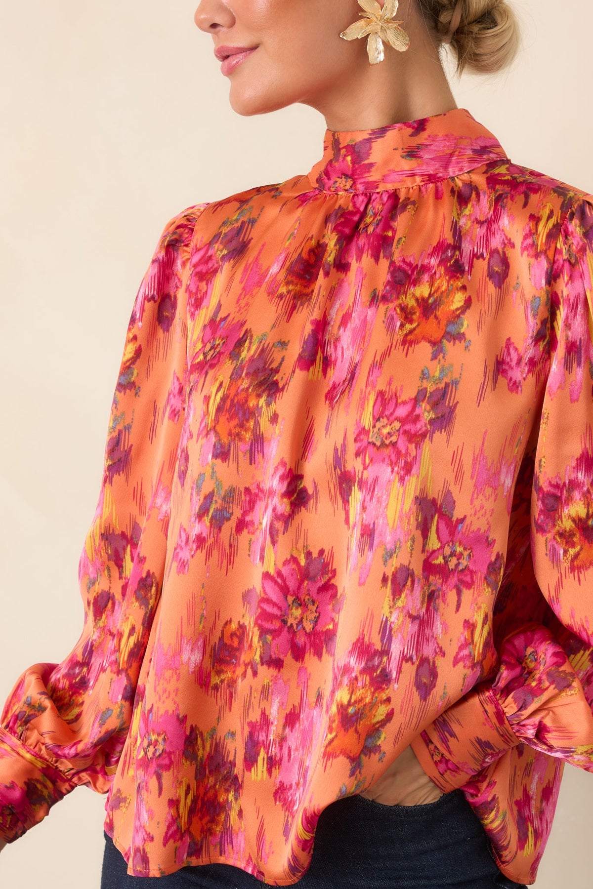 Worth Noticing Orange Multi Floral Satin Blouse