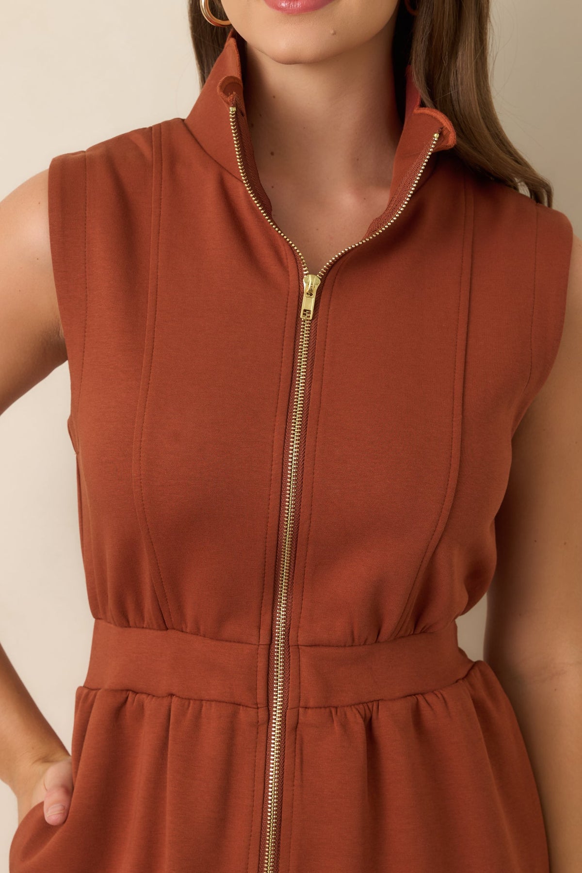 Zip Through the Day Rust Zip Front Scalloped Hem Mini Dress