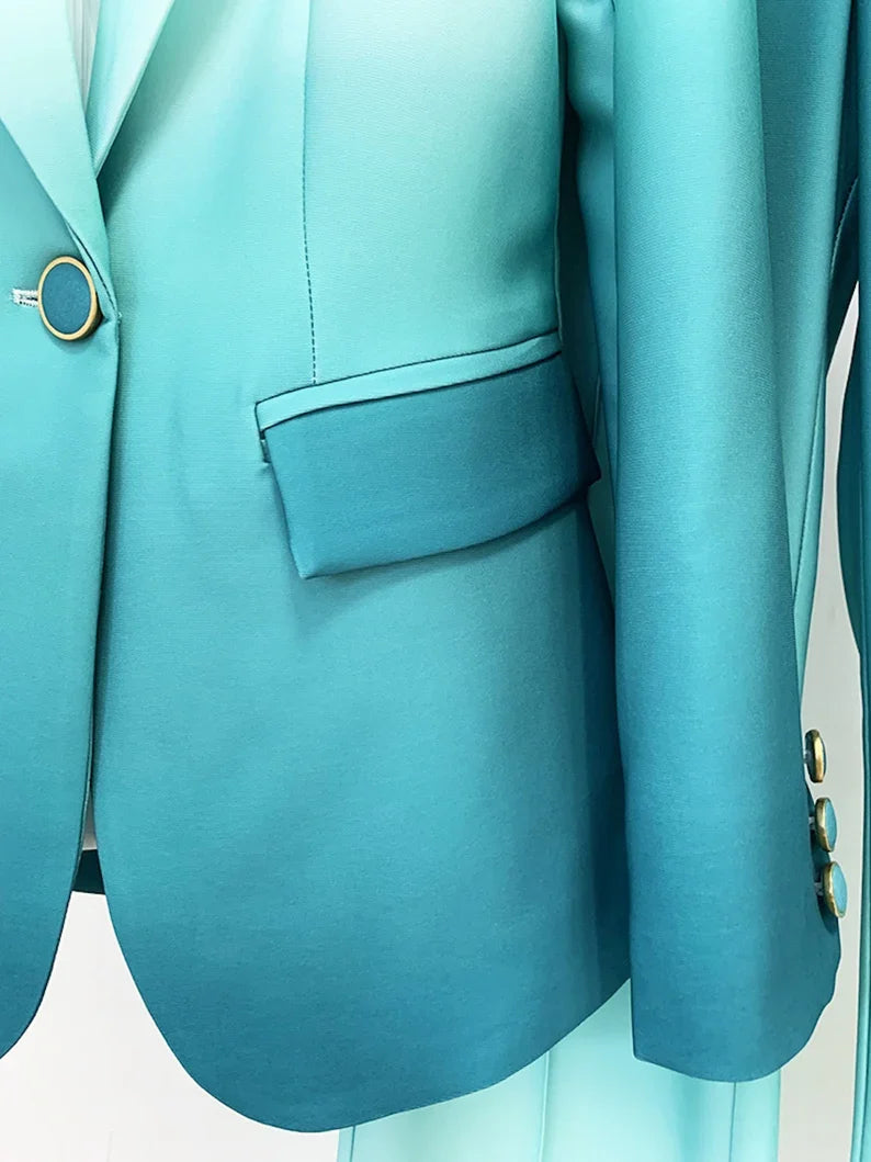 Women Luxury Green Gradient Color Blazer + Mid-High Rise Flare Trousers Pants Suit, Graduation, Wedding, Speech Day, Office, Formal Event