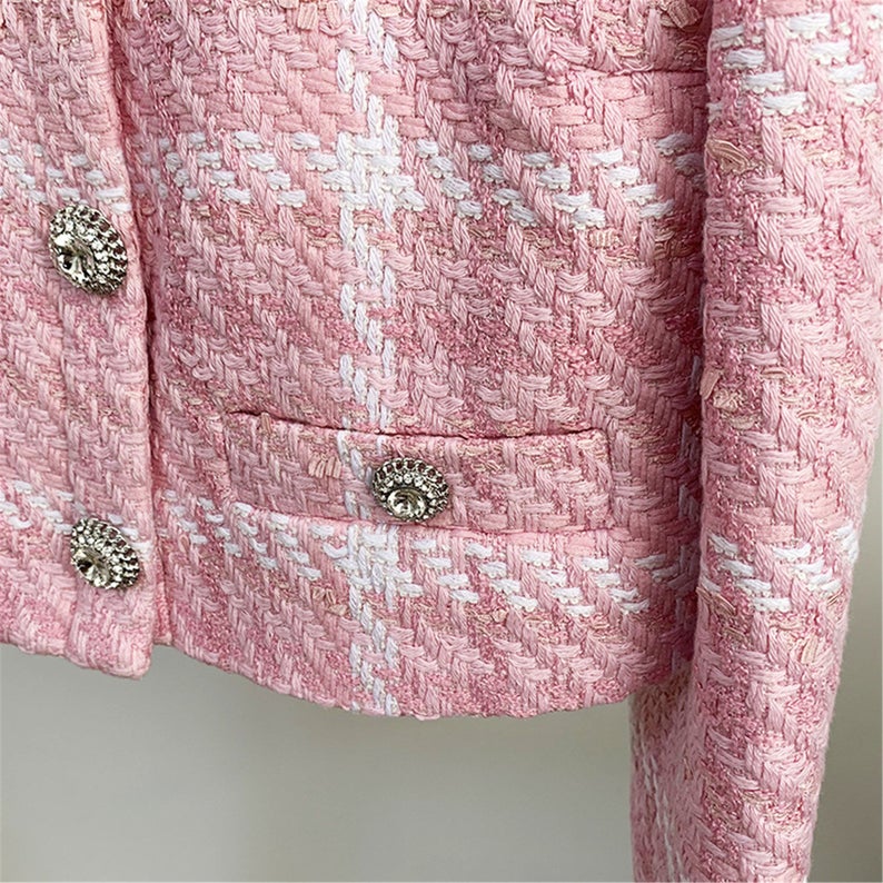 Women's Jewellery Buttons Tweed Pink Crop Blazer + Skirt