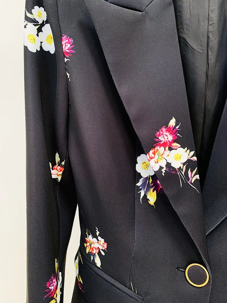 Black Floral Suit Fitted Blazer + Flare Trousers
