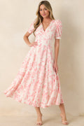 Dapper Darling Coral Pink Floral Linen Blend Draped Maxi Dress