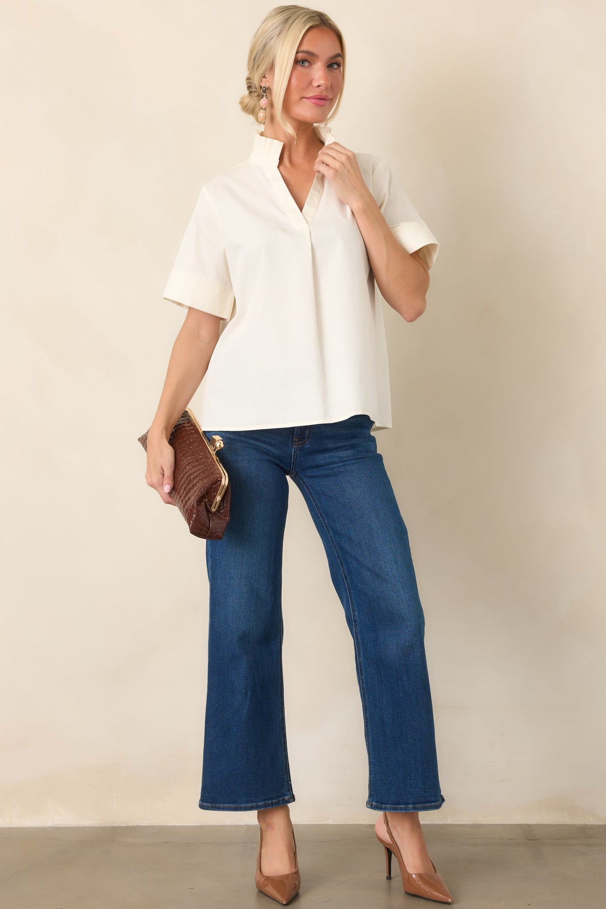 Nicely Done Ivory Cotton Ruffle Collar Blouse