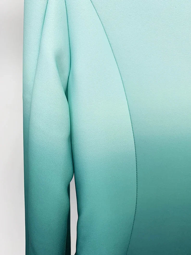 Women Luxury Green Gradient Color Blazer + Mid-High Rise Flare Trousers Pants Suit, Graduation, Wedding, Speech Day, Office, Formal Event