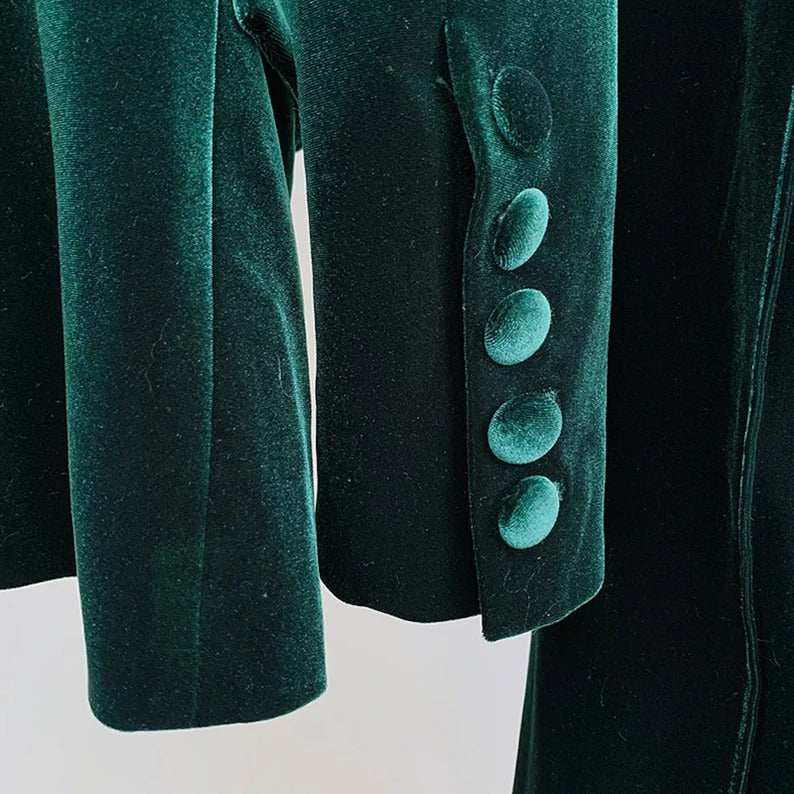 Women Green Velvet Blazer + Flare Trousers Suit