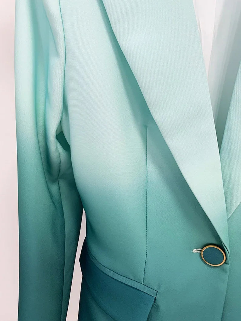 Women Luxury Green Gradient Color Blazer + Mid-High Rise Flare Trousers Pants Suit, Graduation, Wedding, Speech Day, Office, Formal Event
