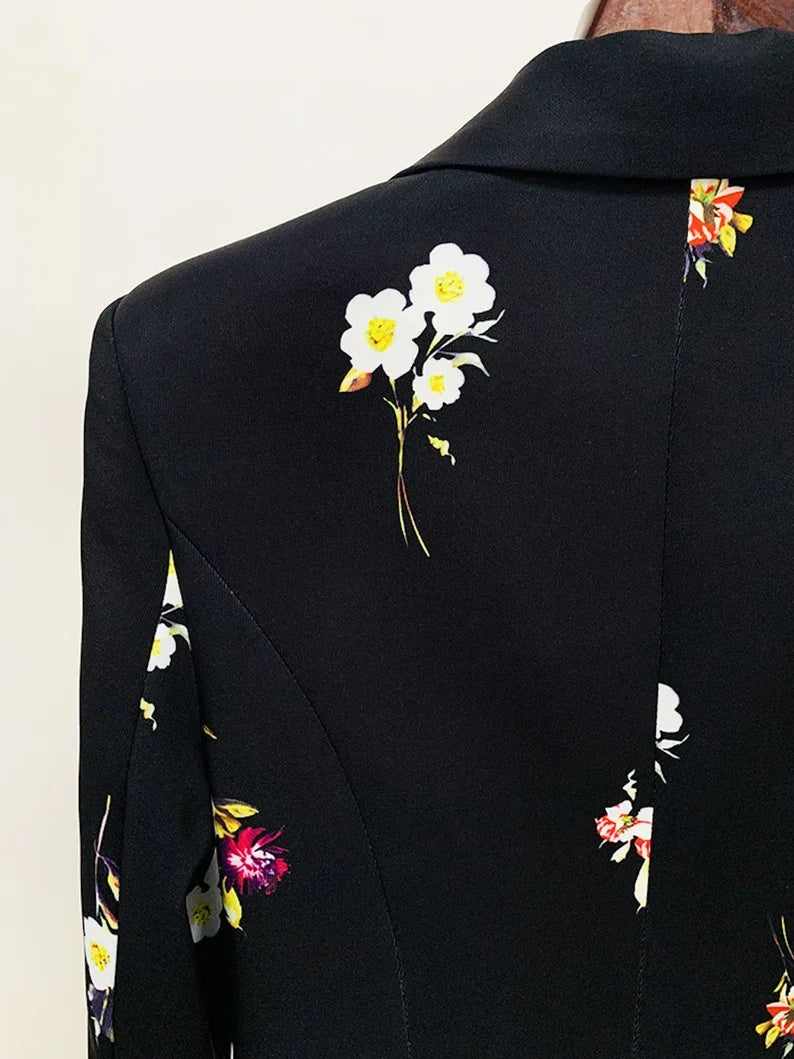 Black Floral Suit Fitted Blazer + Flare Trousers
