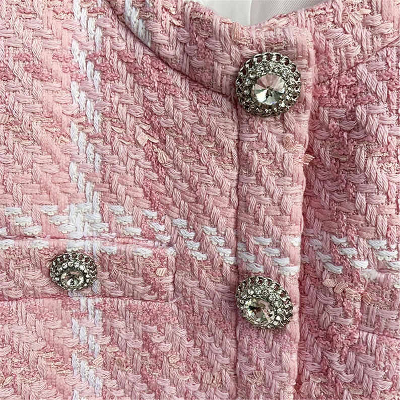 Women's Jewellery Buttons Tweed Pink Crop Blazer + Skirt