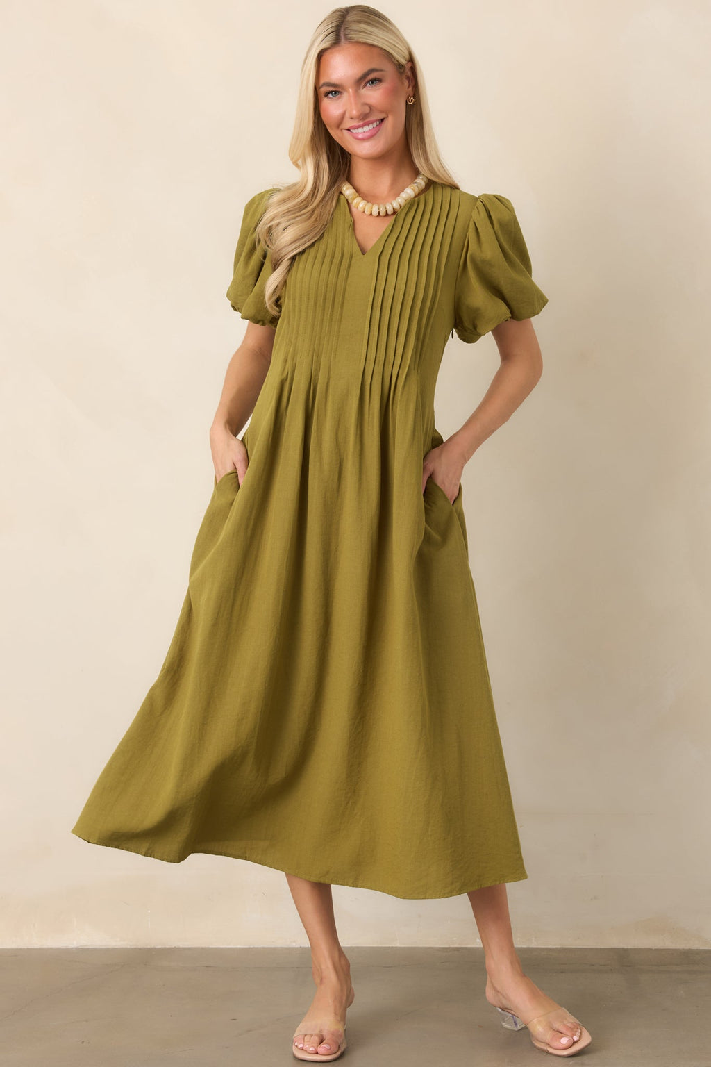 Tucked Away Memories Peridot Green Pintuck Puff Sleeve Midi Dress