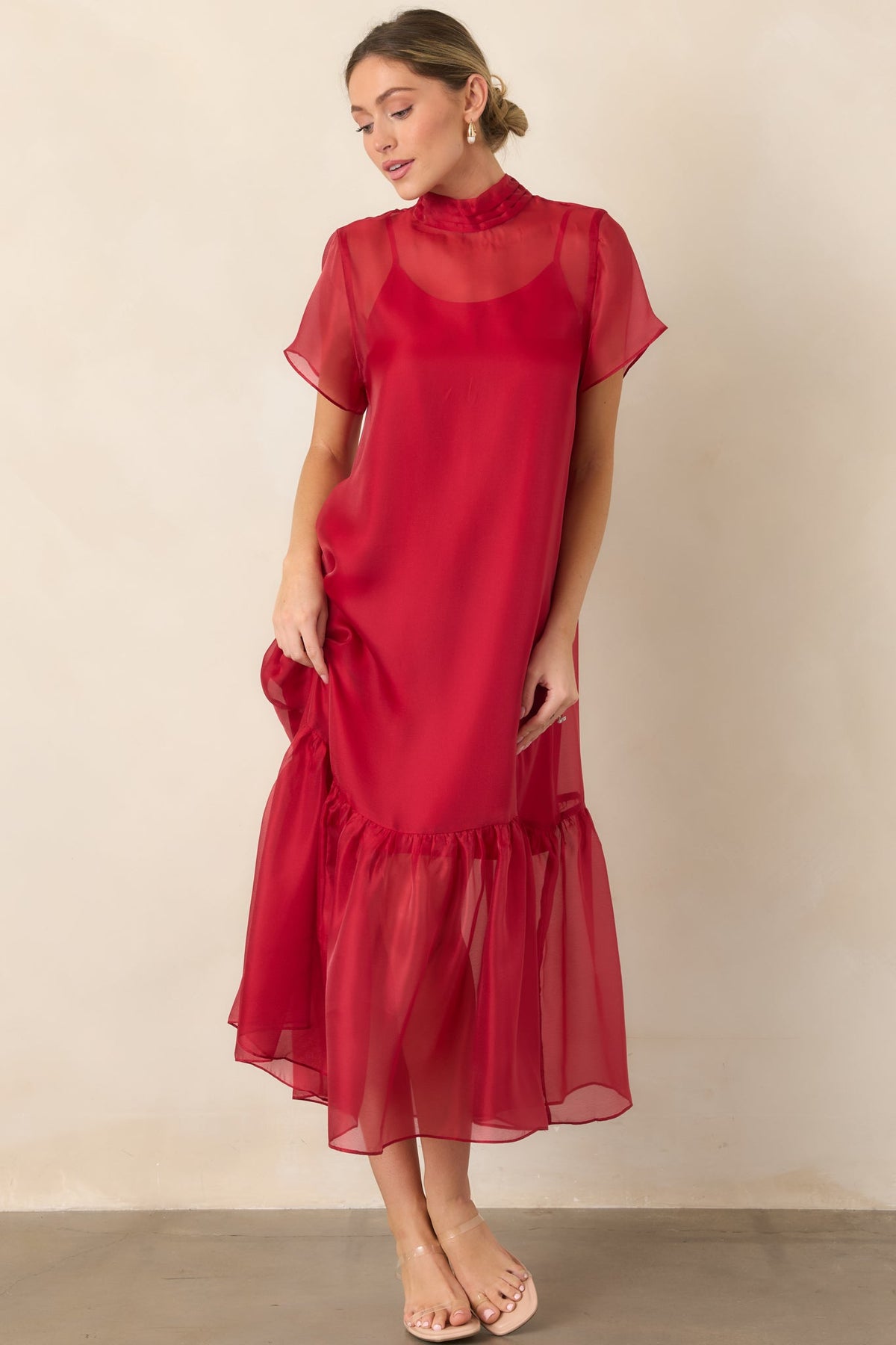For the Occasion Red Sheer Organza Short Sleeve Maxi Dress