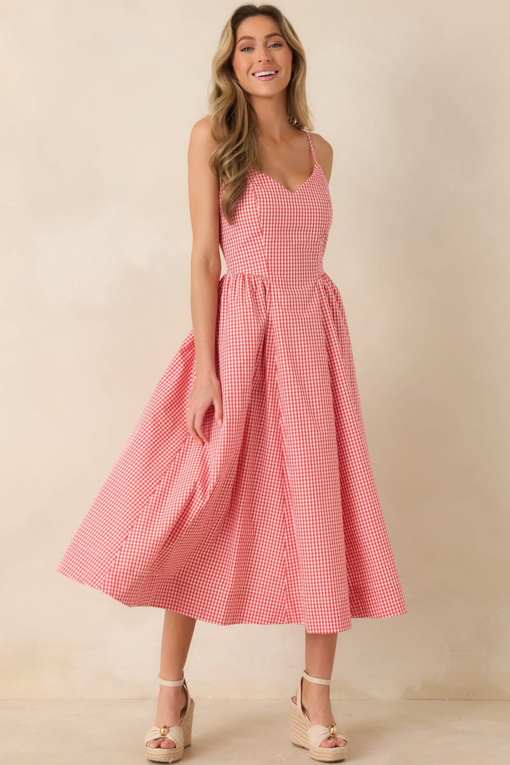 Weekend on the Coast Poppy Red Gingham Sleeveless Midi Dress