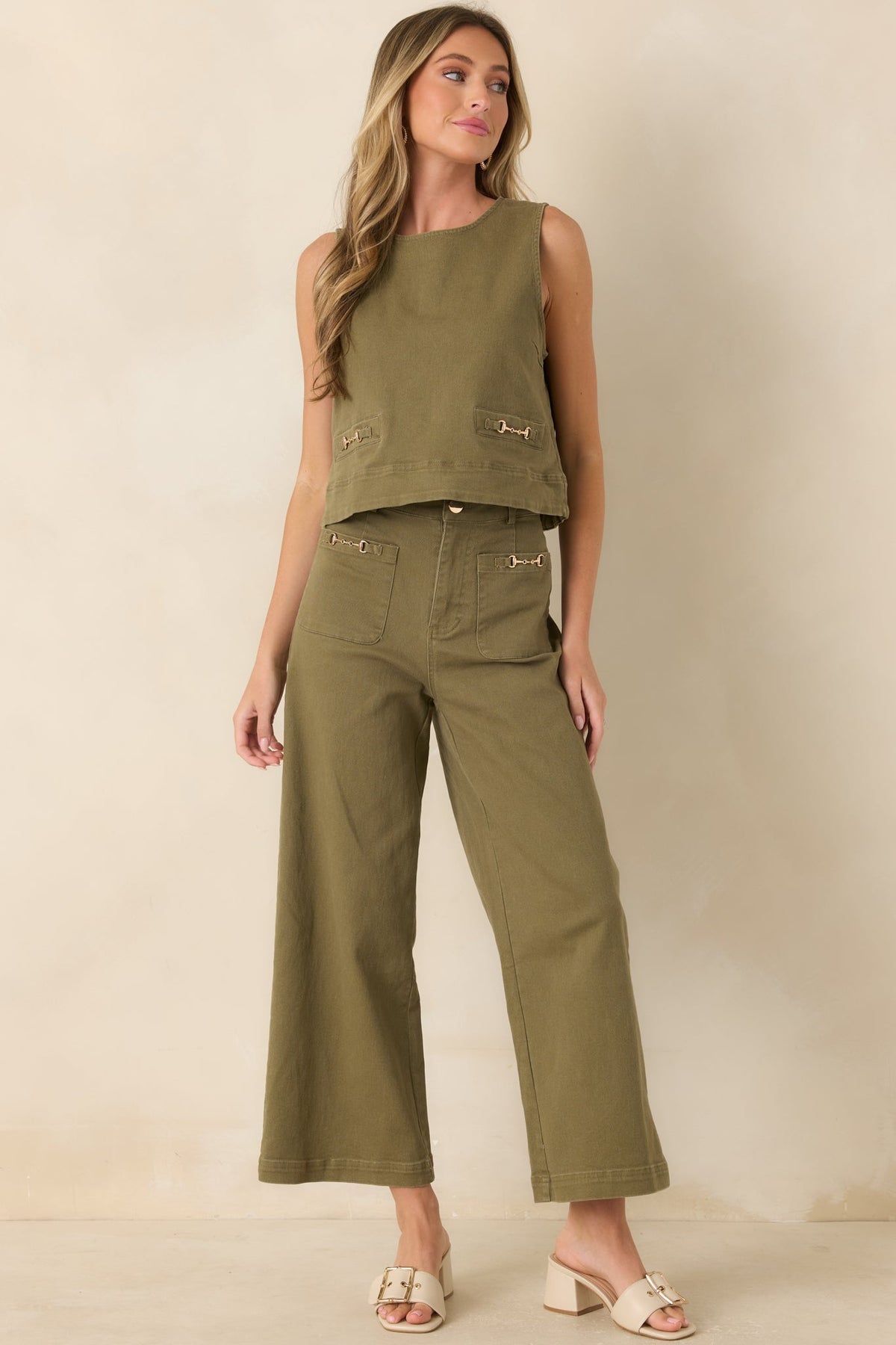 Stable Style Olive Green Horsebit Accent Wide Leg Denim Pants