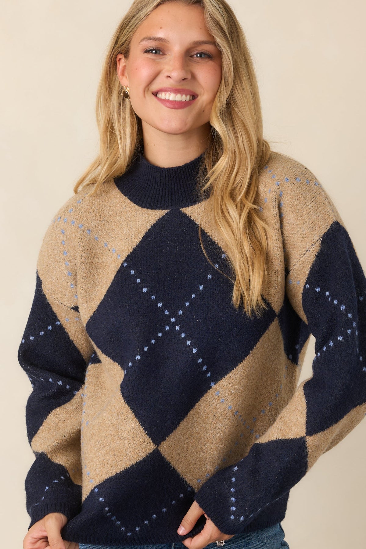 Varsity Social Camel & Navy Argyle Knit Sweater