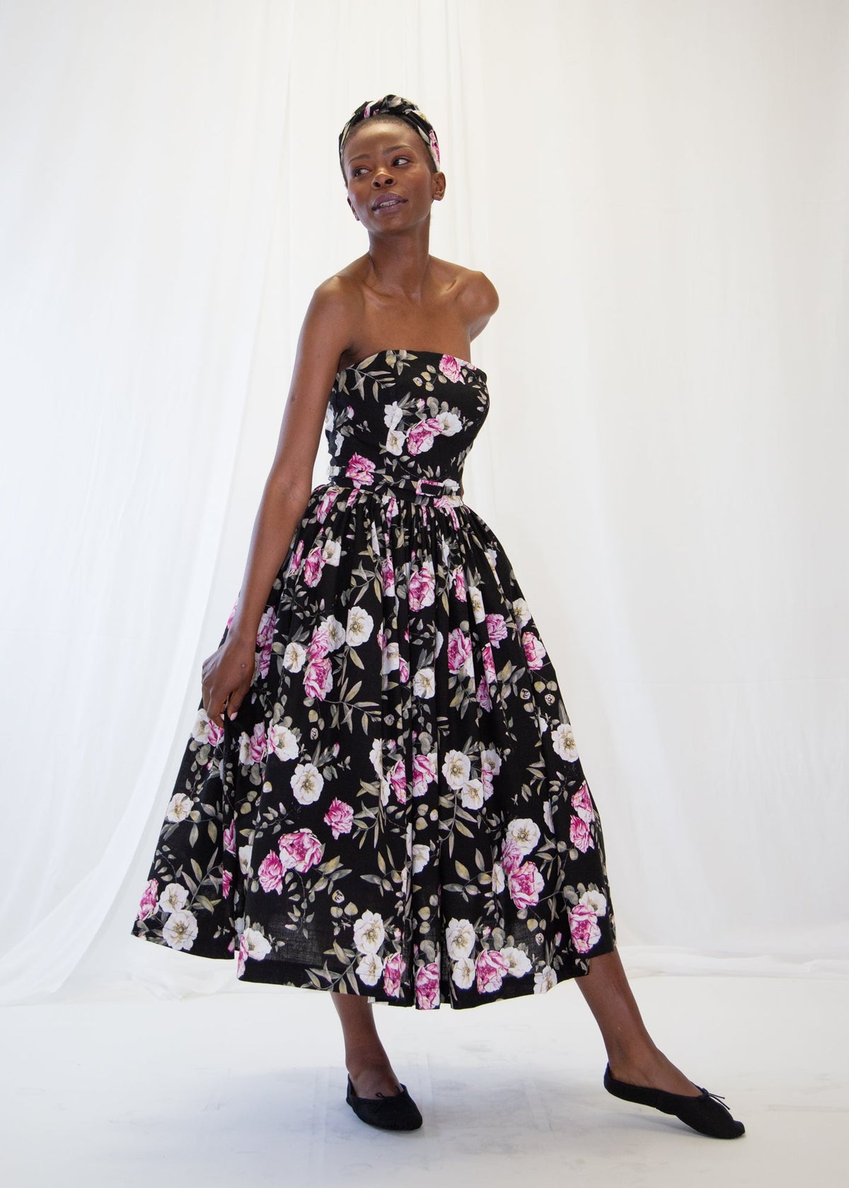 Aziza Rose Print Linen Bandeau Dress