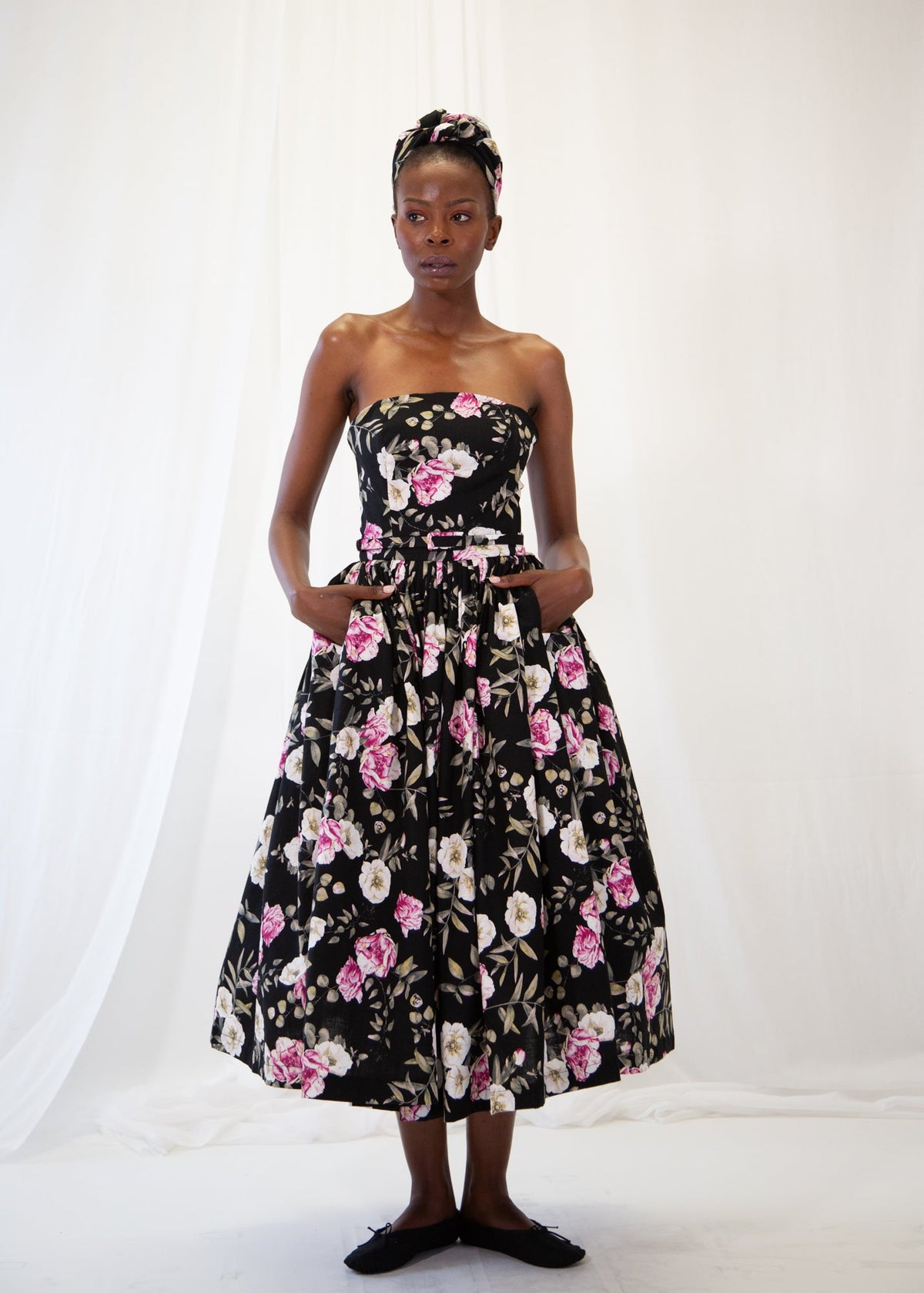 Aziza Rose Print Linen Bandeau Dress