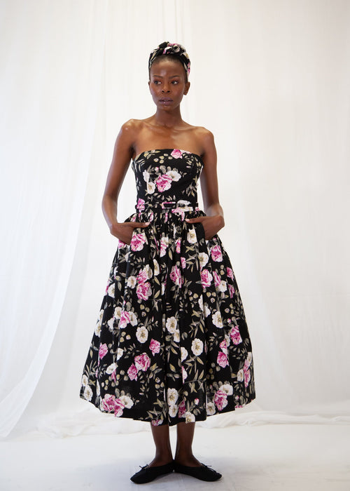 Aziza Rose Print Linen Bandeau Dress