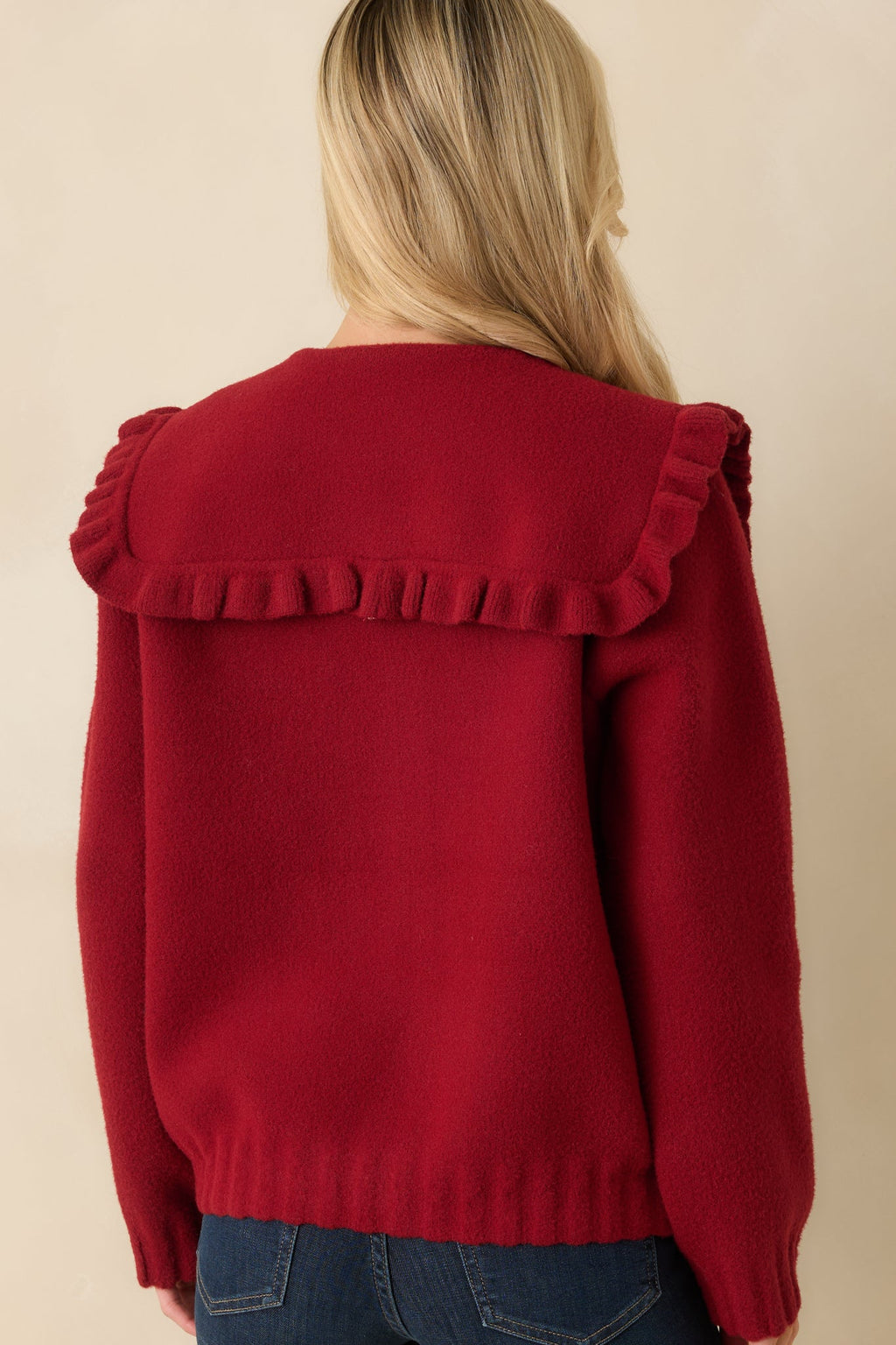 Frilled To Announce Cranberry Red Oversize Ruffle Collar Cardigan Sweater