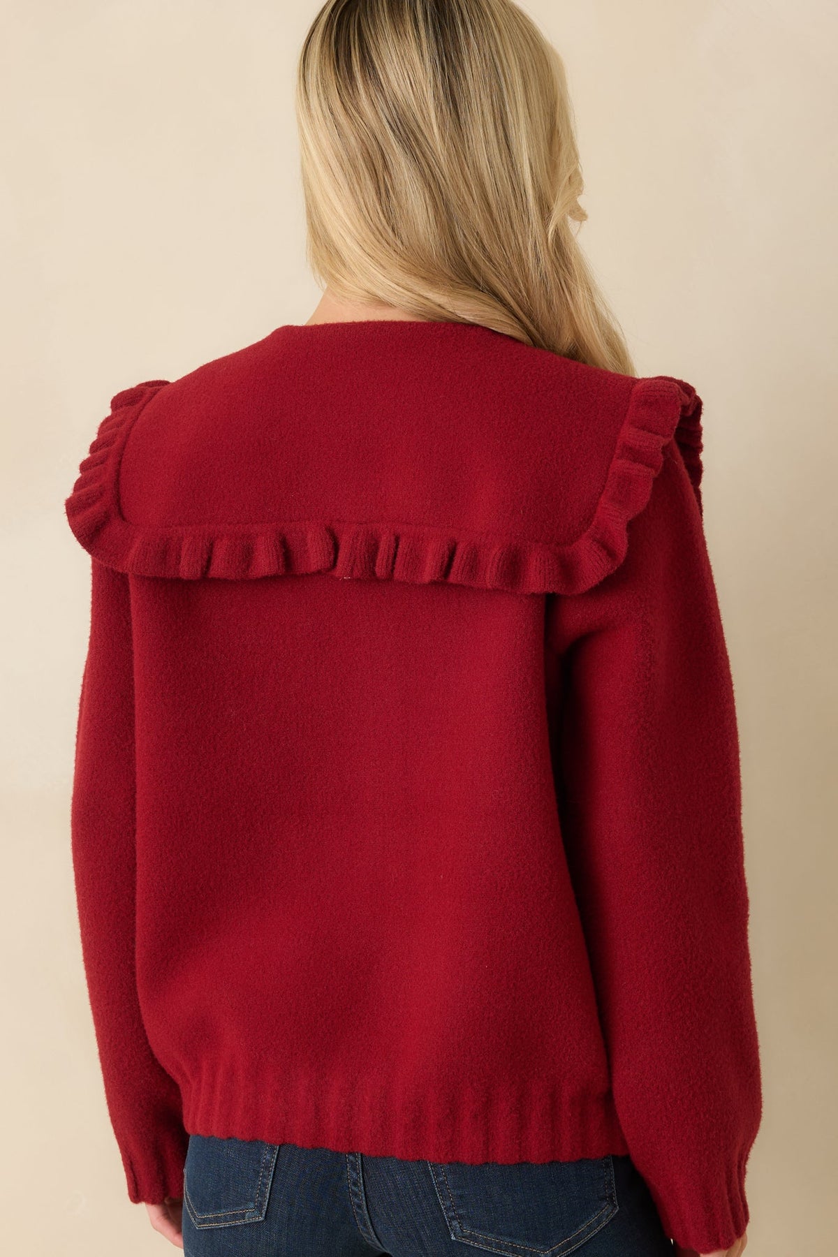 Frilled To Announce Cranberry Red Oversize Ruffle Collar Cardigan Sweater