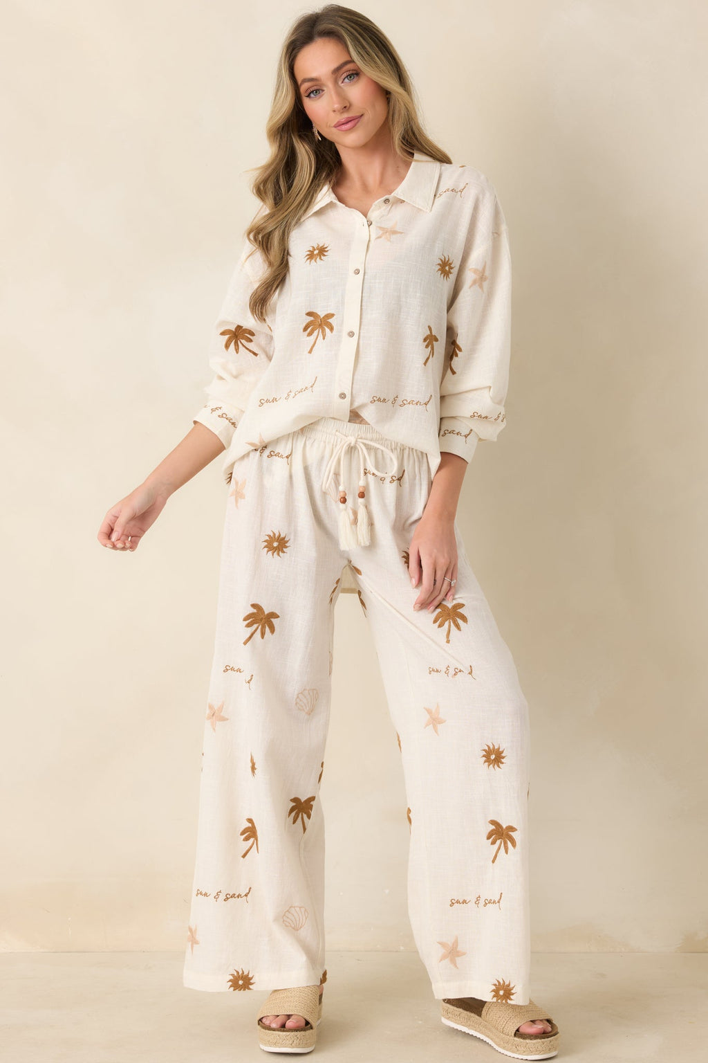Driftwood Days Light Beige Cotton Coastal Embroidered Button Down Top