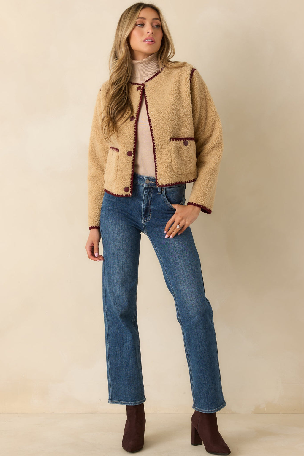 Bound to Be Cozy Beige & Burgundy Contrast Stitch Sherpa Jacket