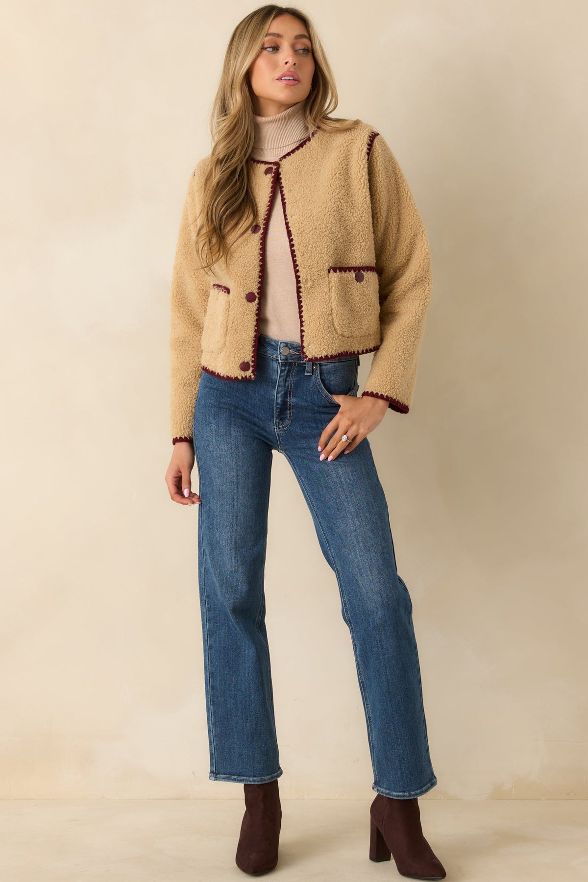 Bound to Be Cozy Beige & Burgundy Contrast Stitch Sherpa Jacket