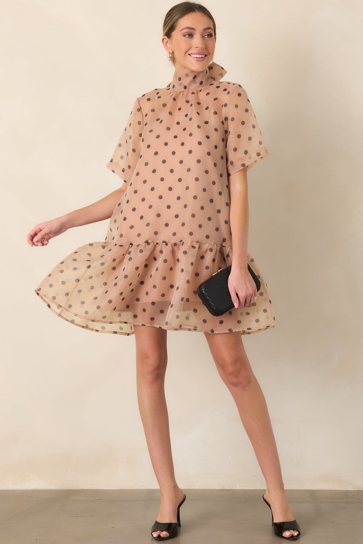 Spot On Style Beige Polka Dot Ruffle Hem Mini Dress