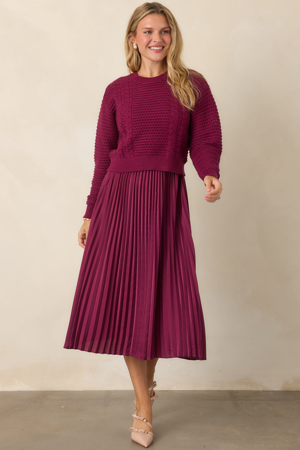 Take A Little Time Mulberry Knit Sweater Satin Midi Dress Set