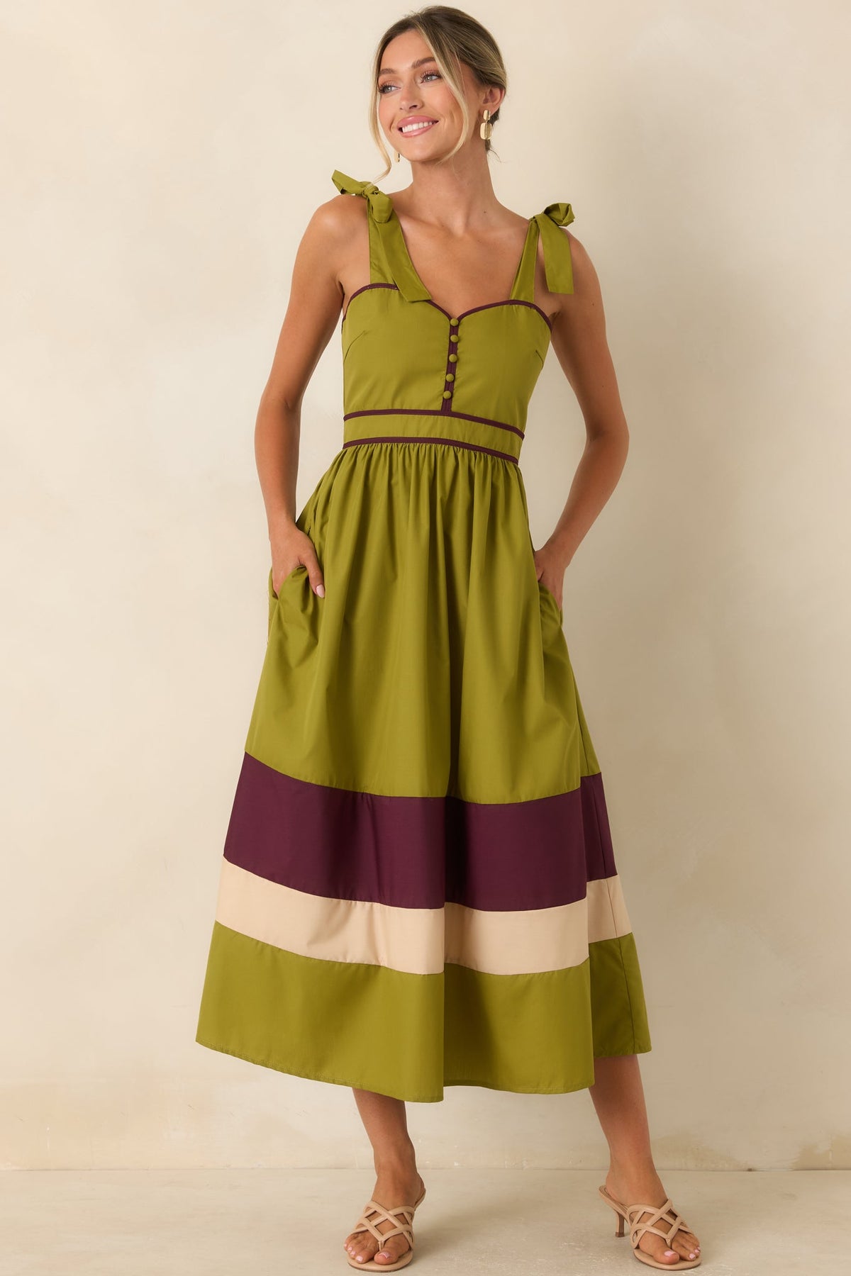 Worth the Detour Olive & Berry Contrast Midi Dress