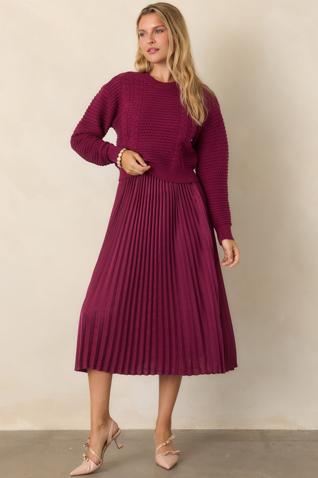 Take A Little Time Mulberry Knit Sweater Satin Midi Dress Set
