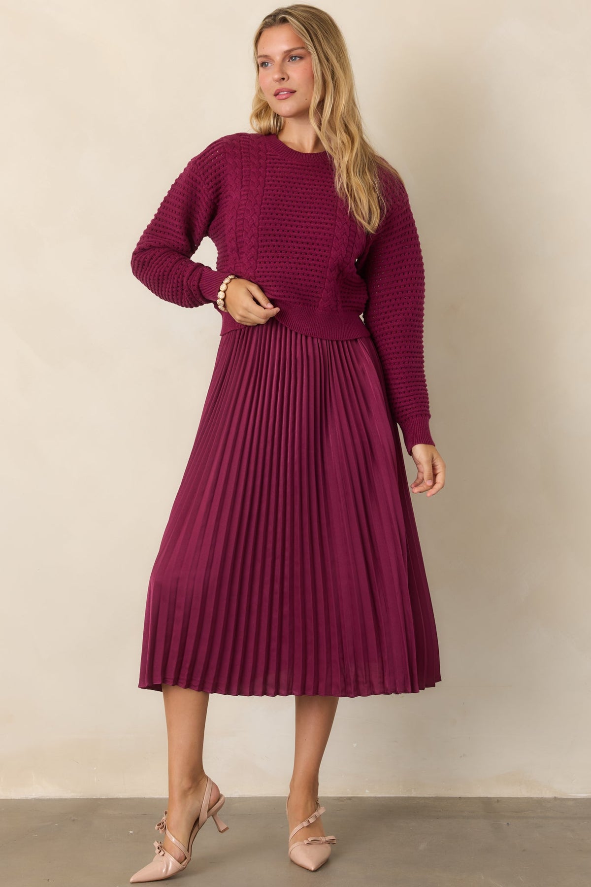 Take A Little Time Mulberry Knit Sweater Satin Midi Dress Set