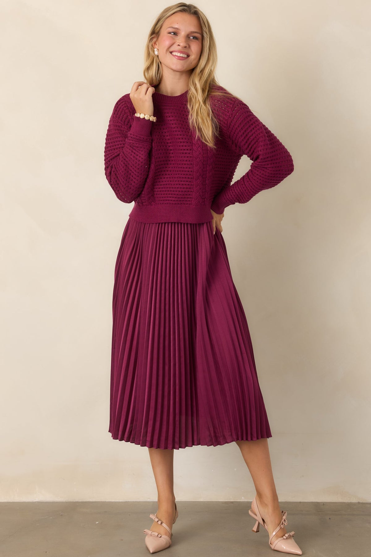 Take A Little Time Mulberry Knit Sweater Satin Midi Dress Set