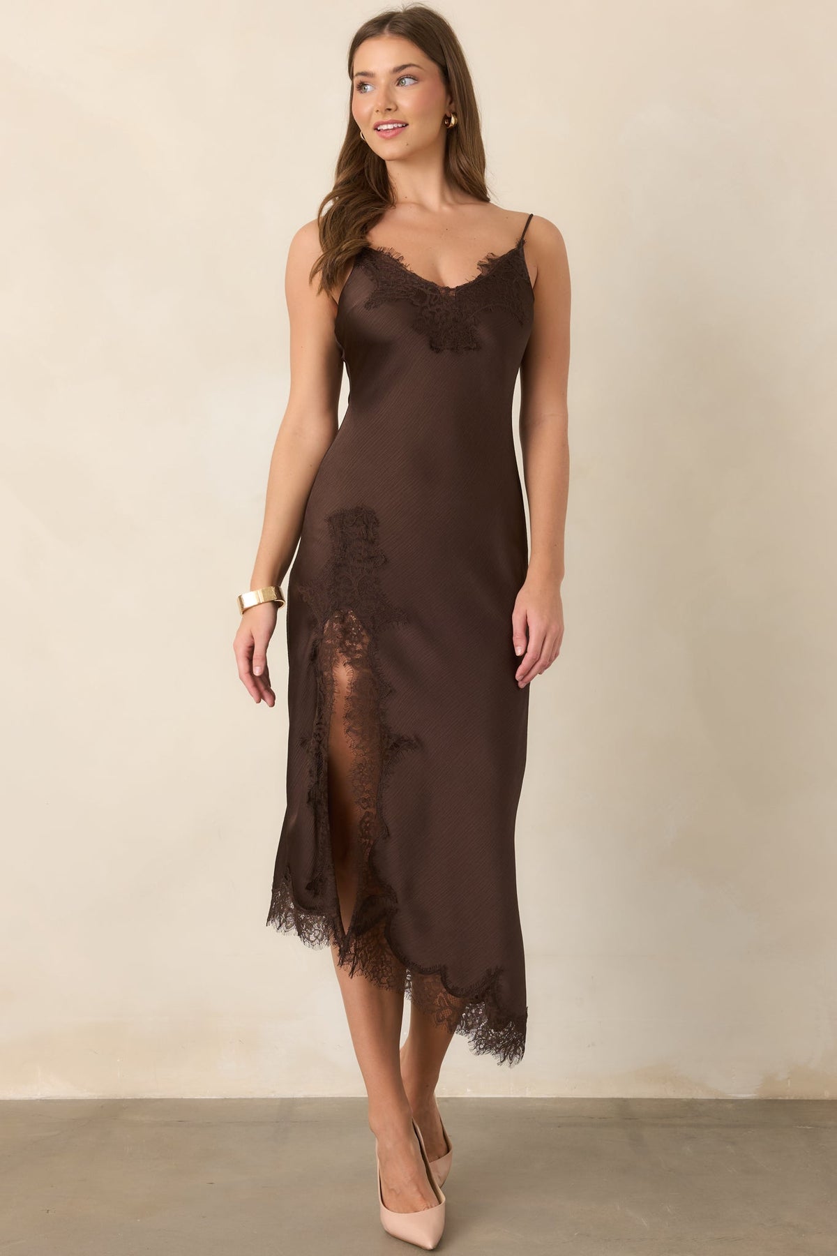 Just Like in the Movies Chocolate Satin Lace Slip Midi Dress