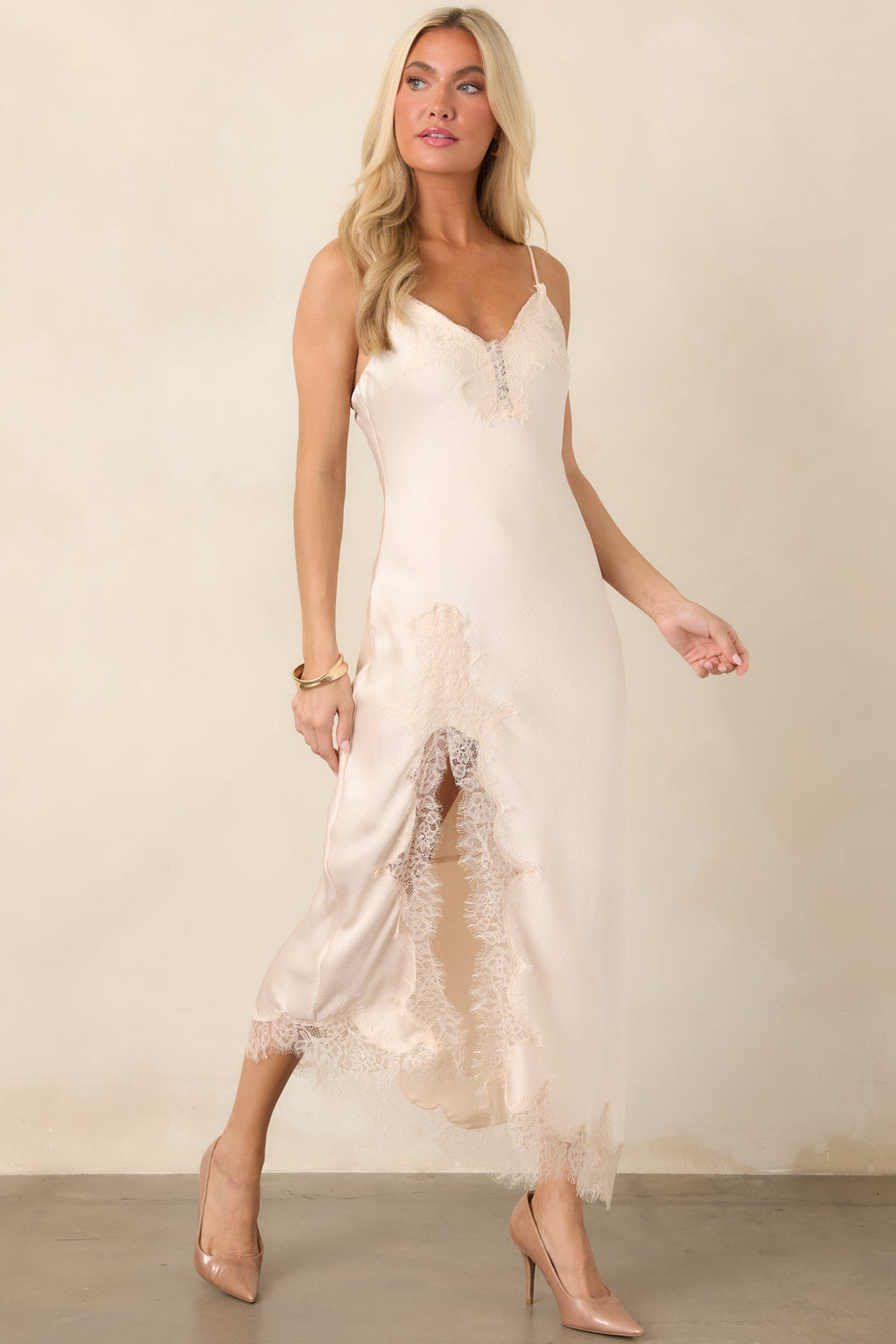 Just Like in the Movies Ivory Satin Lace Slip Midi Dress