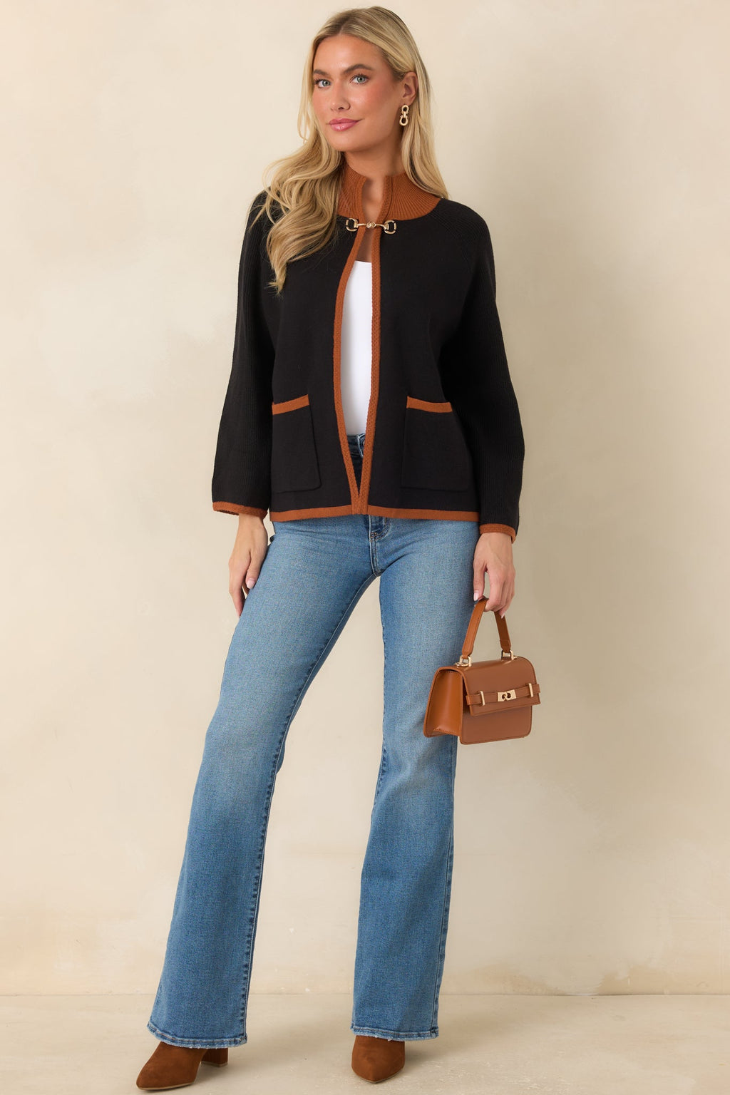 That Should Do It Black Contrast Trim Horsebit Cardigan
