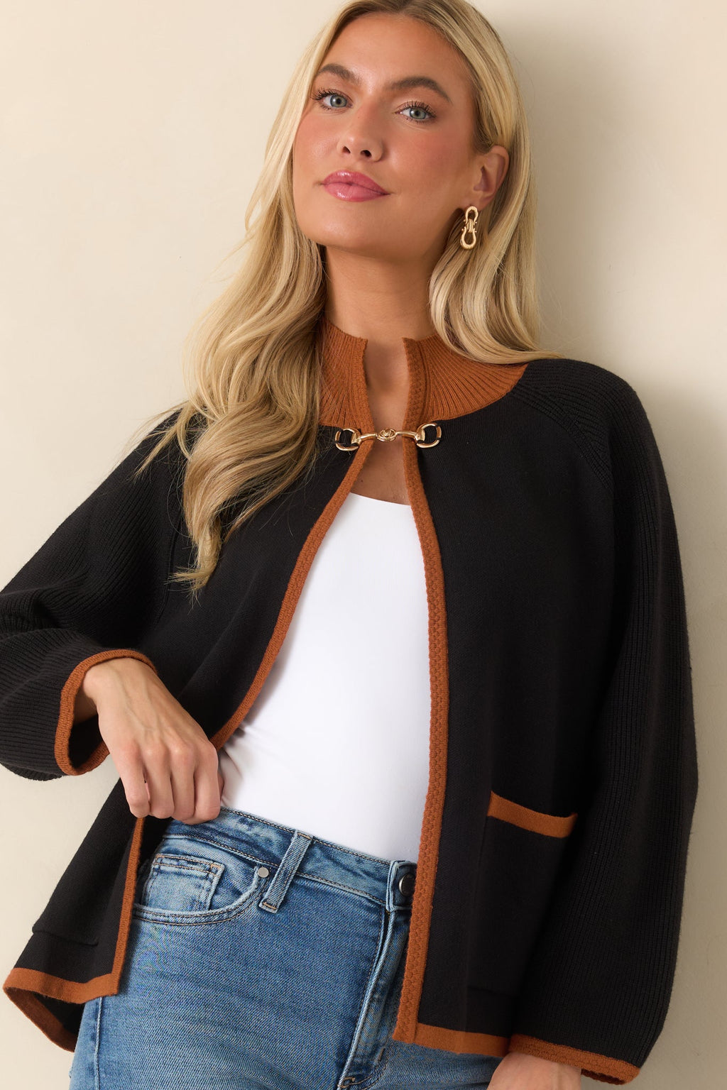 That Should Do It Black Contrast Trim Horsebit Cardigan