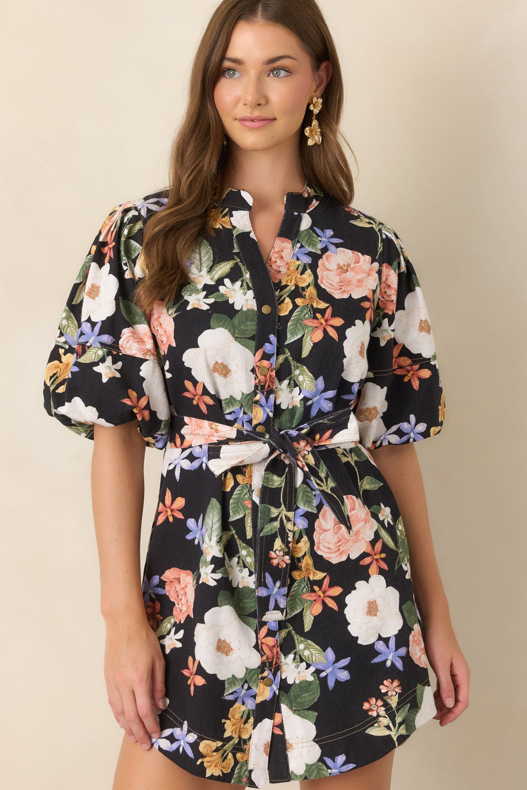 Wildly in Bloom Black Multi Floral Cotton Belted Mini Dress
