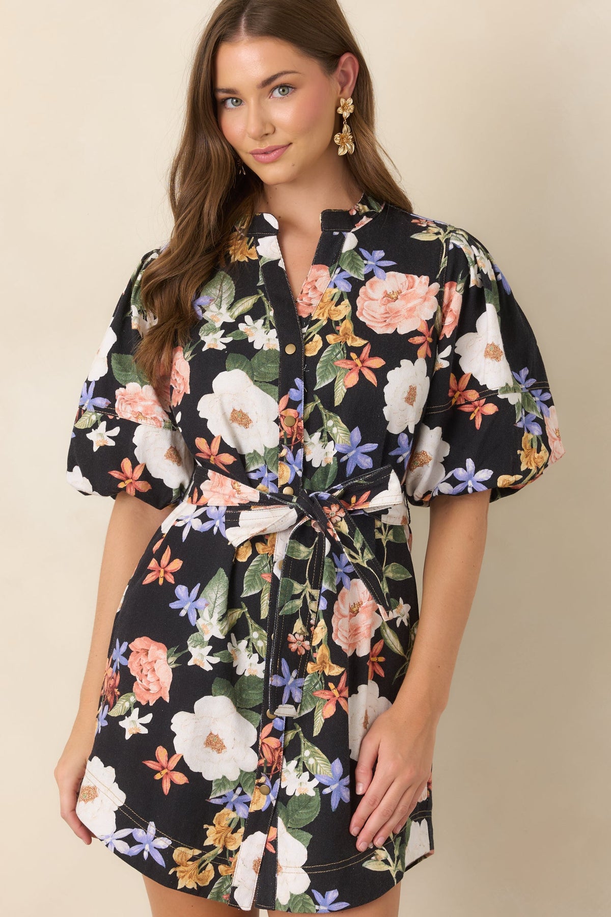 Wildly in Bloom Black Multi Floral Cotton Belted Mini Dress