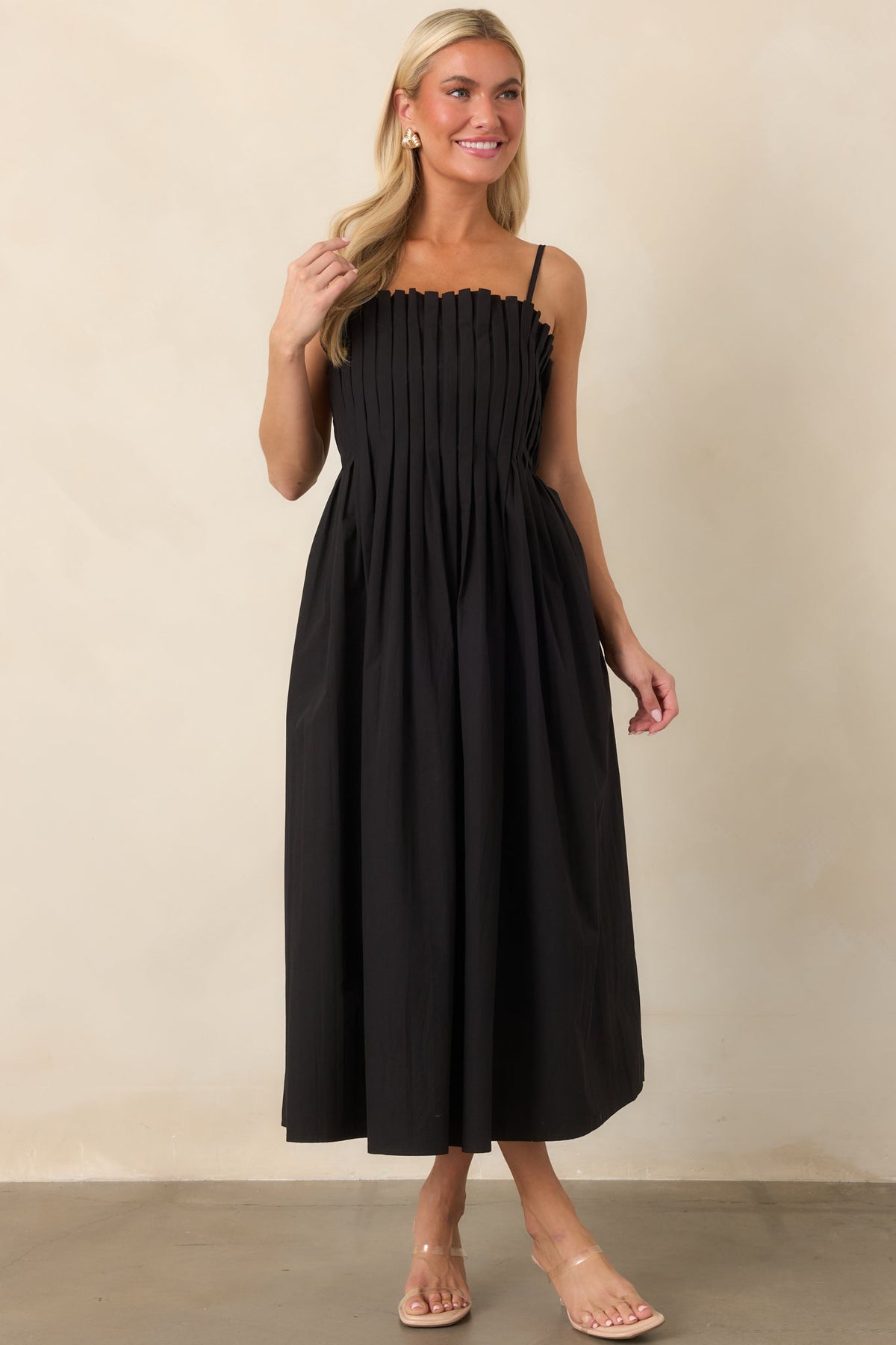 A Reason to Celebrate Black Pleated Cotton Midi Dress
