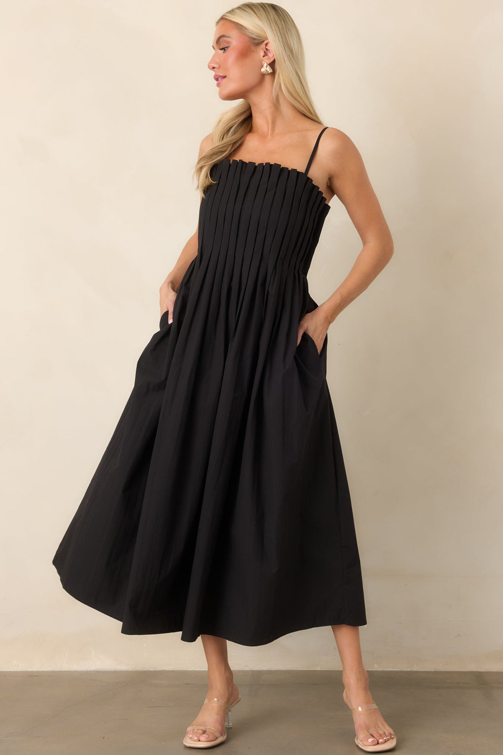 A Reason to Celebrate Black Pleated Cotton Midi Dress