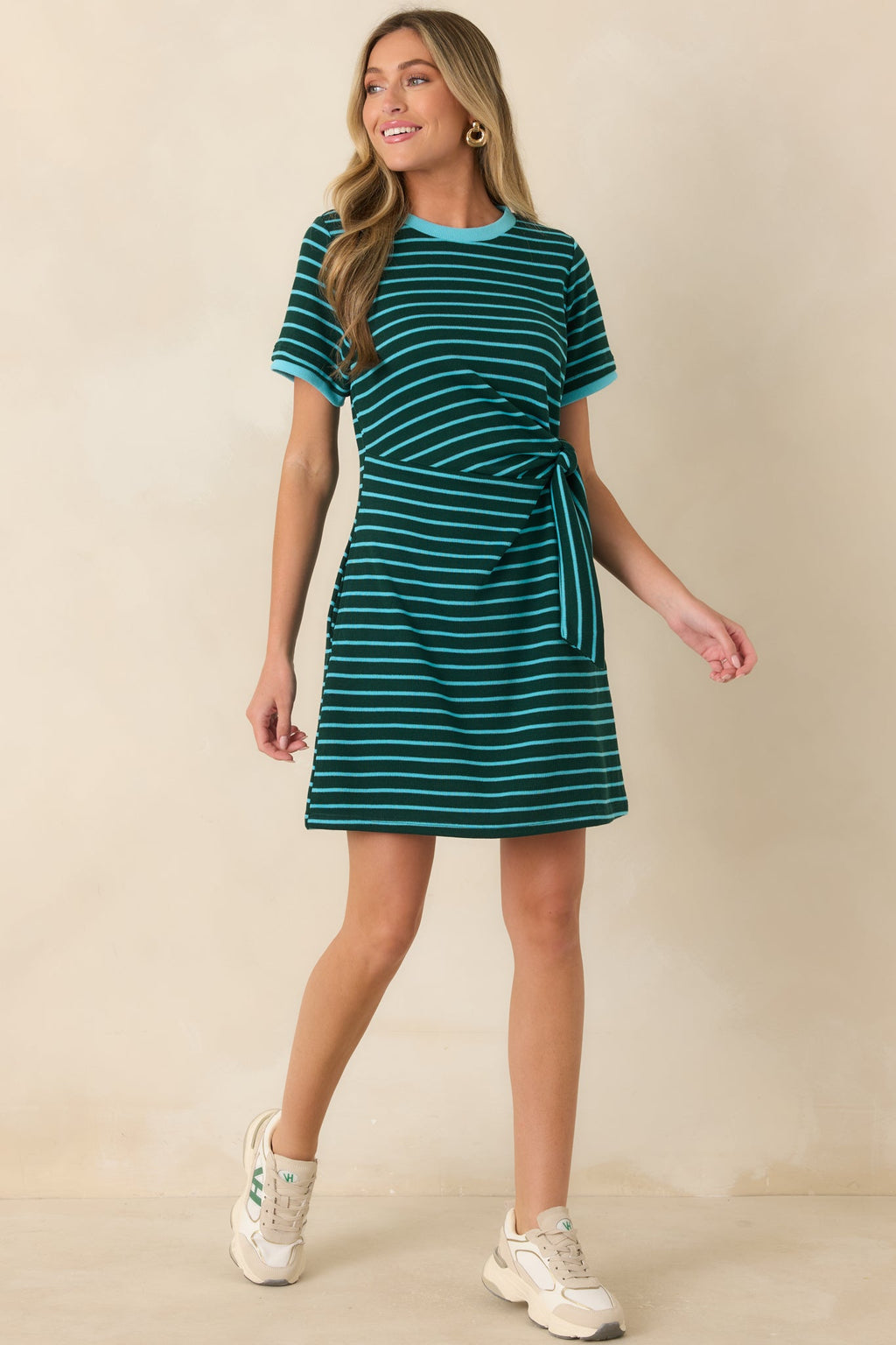 On Your Side Hunter Green & Blue Stripe Tie Mini Dress