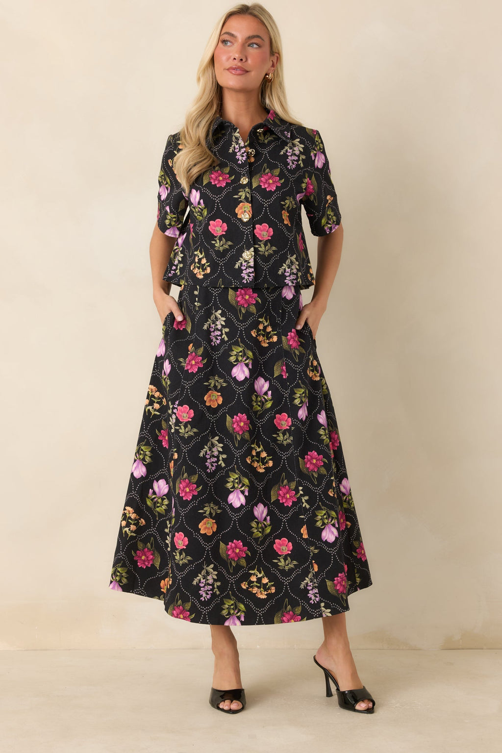 Consider Me Charmed Black Multi Floral Button Front Top