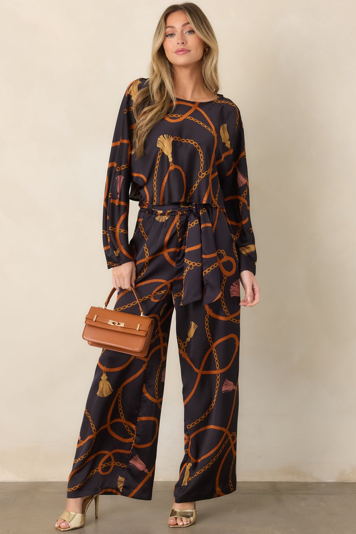 With Regard Black Rope & Tassel Print Satin Cropped Top