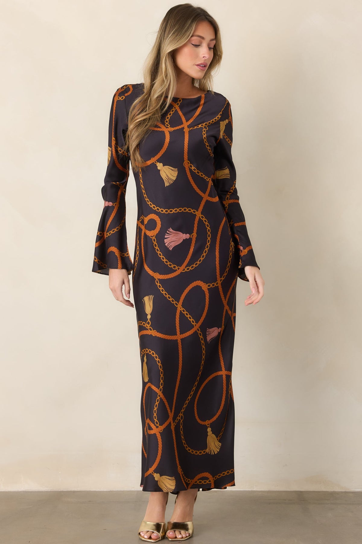 With Distinction Black Rope & Tassel Print Satin Maxi Dress