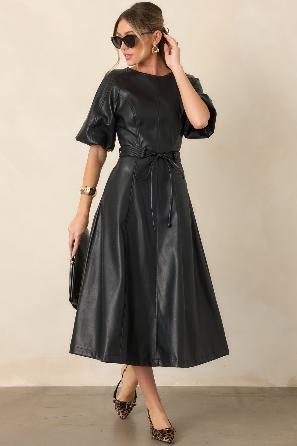 Something to Behold Black Faux Leather Short Sleeve Belted Midi Dress