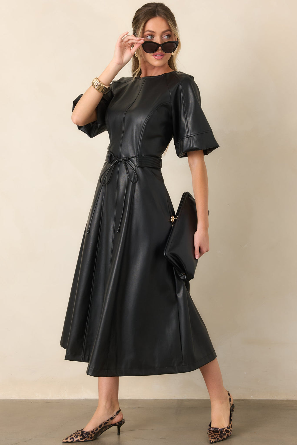 Something to Behold Black Faux Leather Short Sleeve Belted Midi Dress