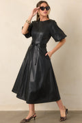 Something to Behold Black Faux Leather Short Sleeve Belted Midi Dress