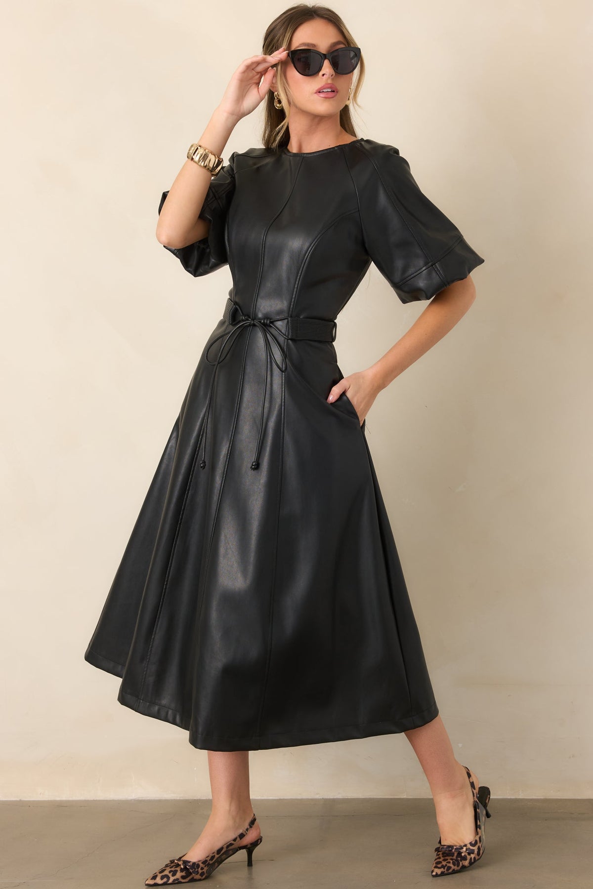 Something to Behold Black Faux Leather Short Sleeve Belted Midi Dress