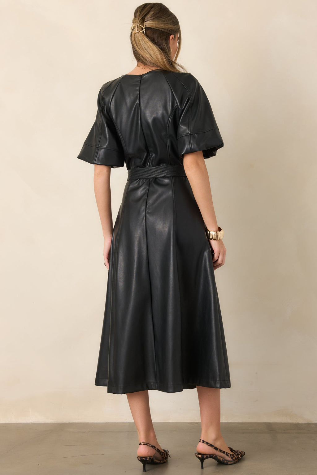 Something to Behold Black Faux Leather Short Sleeve Belted Midi Dress
