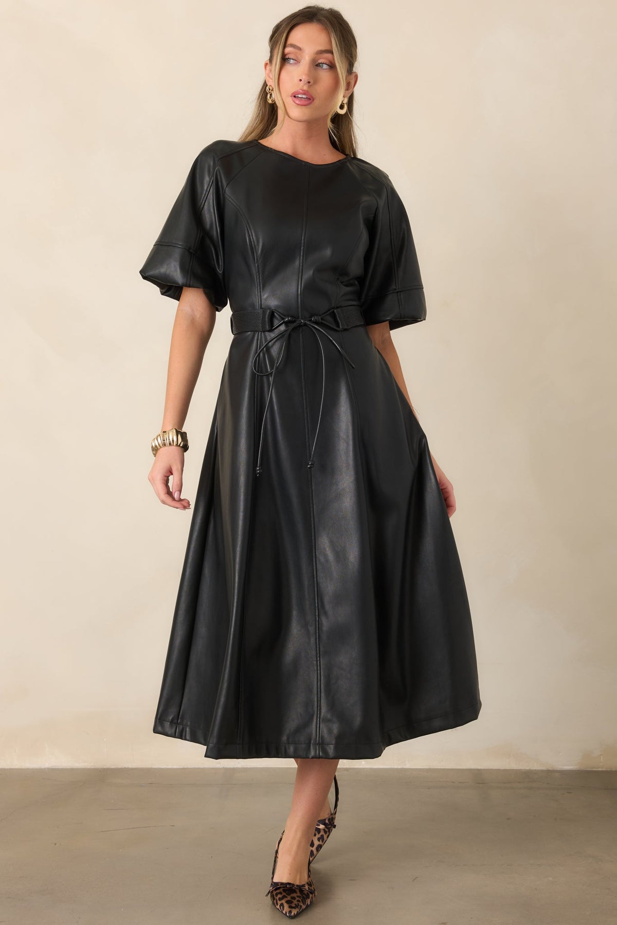 Something to Behold Black Faux Leather Short Sleeve Belted Midi Dress